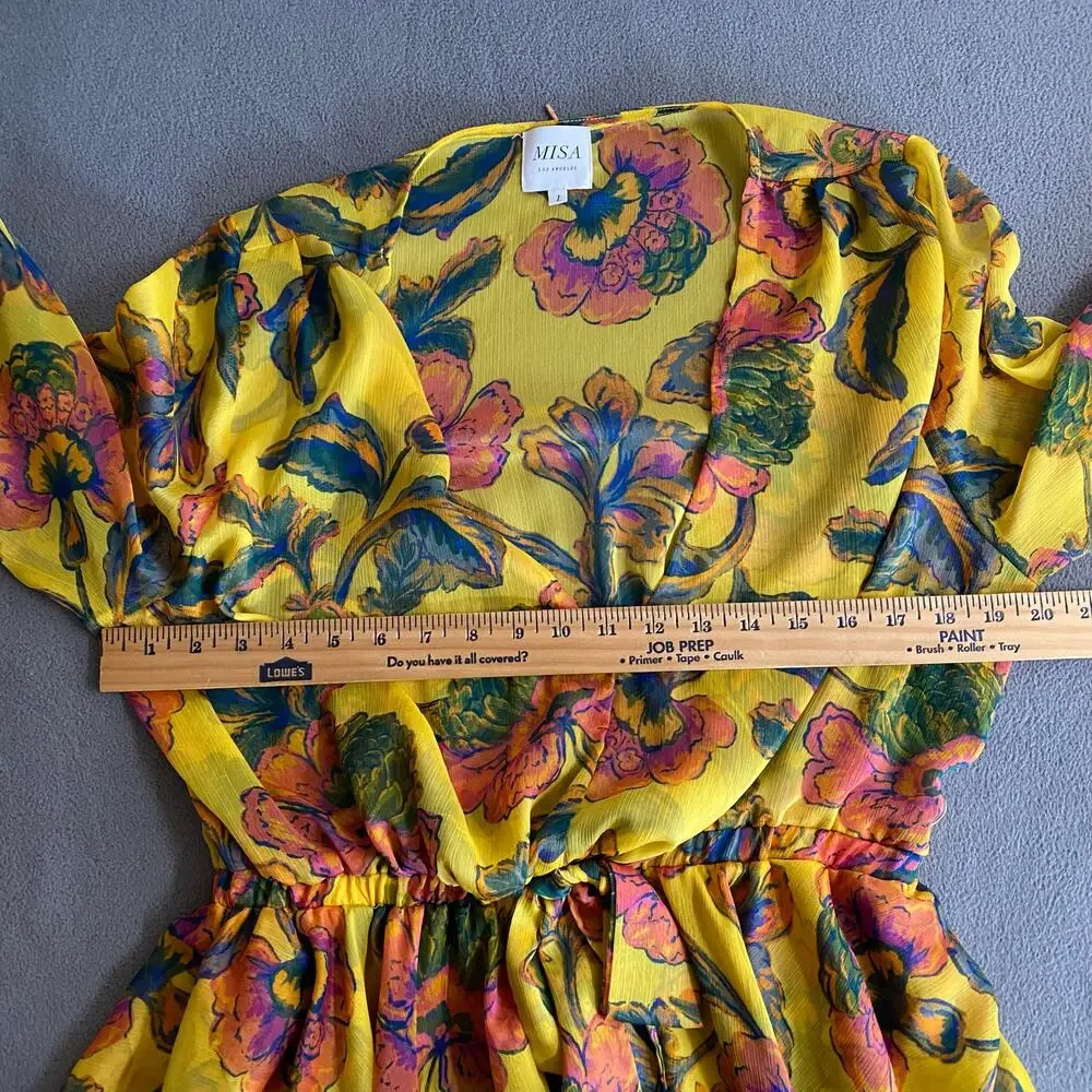 Misa Kaia Floral Chiffon Mini Dress Womens L Canary Yellow Anthropologie Revolve - Picture 10 of 16